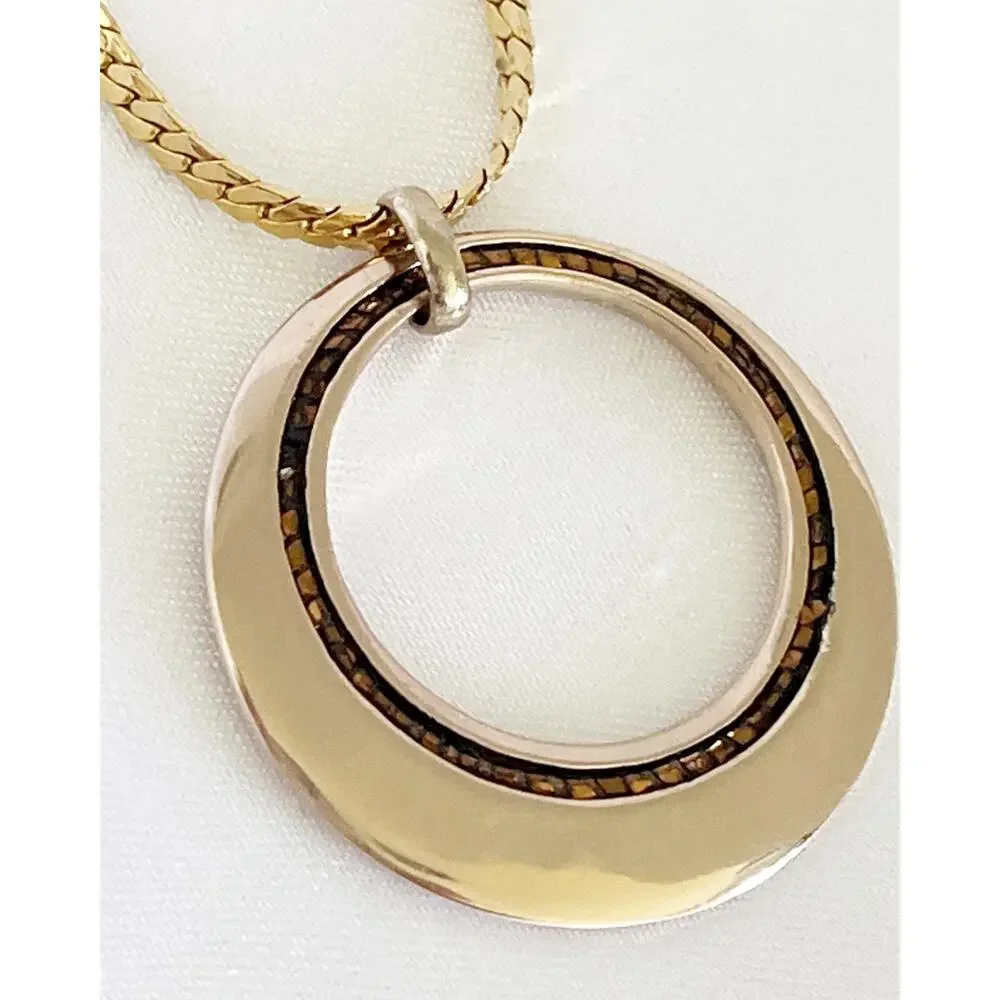 VINTAGE Rose Gold Circle Necklace w Crystal Embedded Details Herringbone Chain